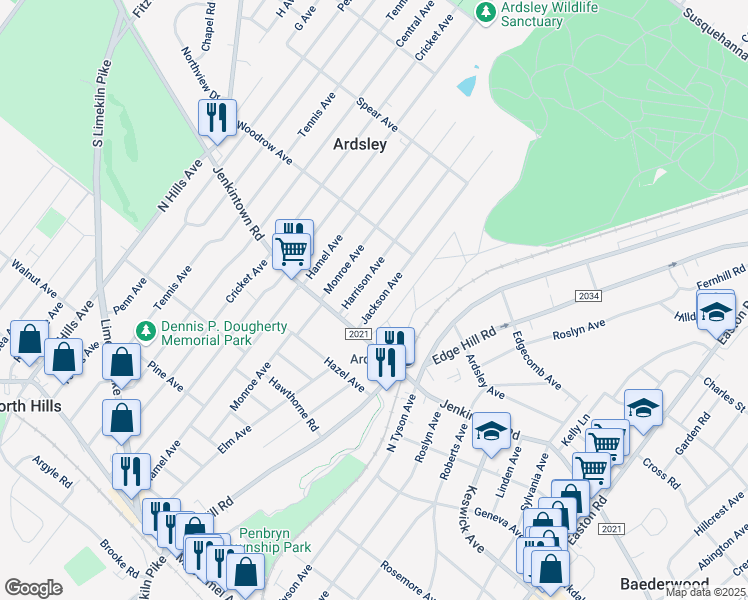 map of restaurants, bars, coffee shops, grocery stores, and more near 630 Jackson Avenue in Glenside