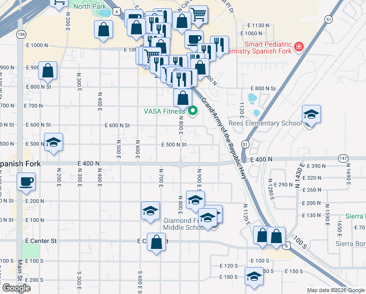 map of restaurants, bars, coffee shops, grocery stores, and more near 810 East 500 North Street in Spanish Fork