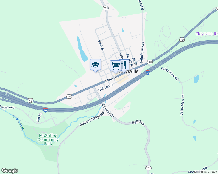 map of restaurants, bars, coffee shops, grocery stores, and more near 141 Railroad Street in Claysville
