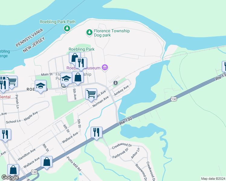 map of restaurants, bars, coffee shops, grocery stores, and more near 3 Railroad Avenue in Florence