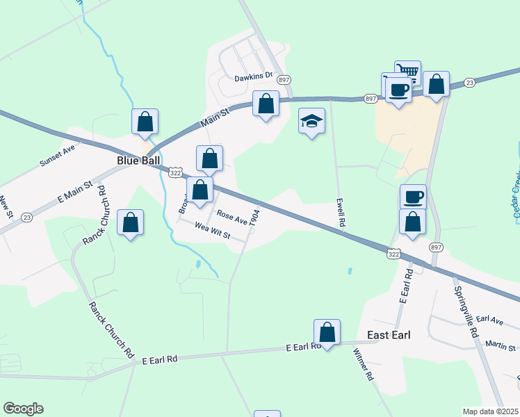 map of restaurants, bars, coffee shops, grocery stores, and more near 4409 Division Highway in East Earl