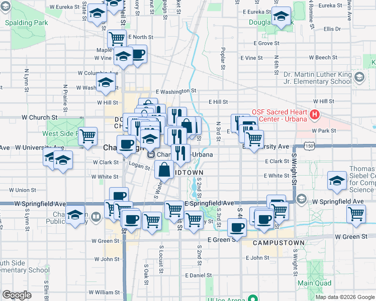map of restaurants, bars, coffee shops, grocery stores, and more near 129 East University Avenue in Champaign