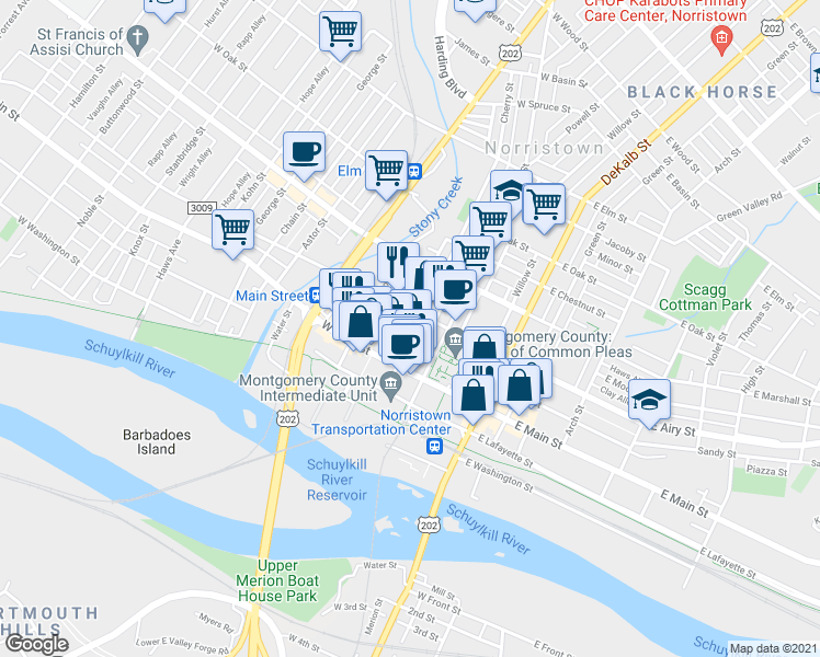 map of restaurants, bars, coffee shops, grocery stores, and more near 411 Cherry Street in Norristown