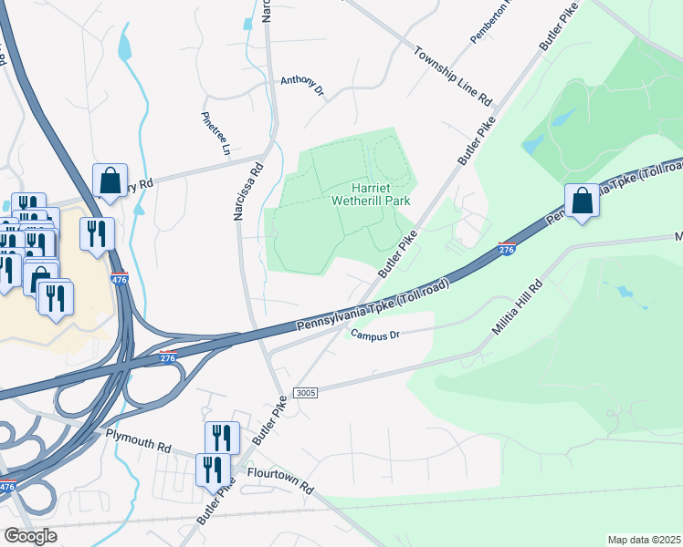 map of restaurants, bars, coffee shops, grocery stores, and more near 2622 Butler Pike in Plymouth Meeting
