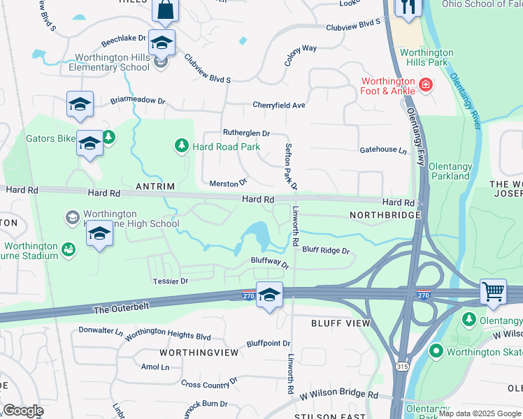 map of restaurants, bars, coffee shops, grocery stores, and more near 1045 Bluff Vista Drive in Columbus