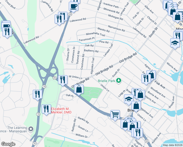 map of restaurants, bars, coffee shops, grocery stores, and more near 604 Algonkin Trail in Brielle
