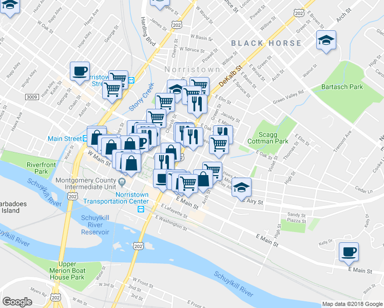 map of restaurants, bars, coffee shops, grocery stores, and more near 534 DeKalb Street in Norristown