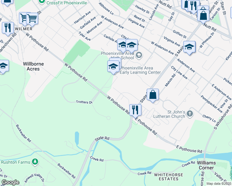 map of restaurants, bars, coffee shops, grocery stores, and more near 106 Hallowell Avenue in Phoenixville