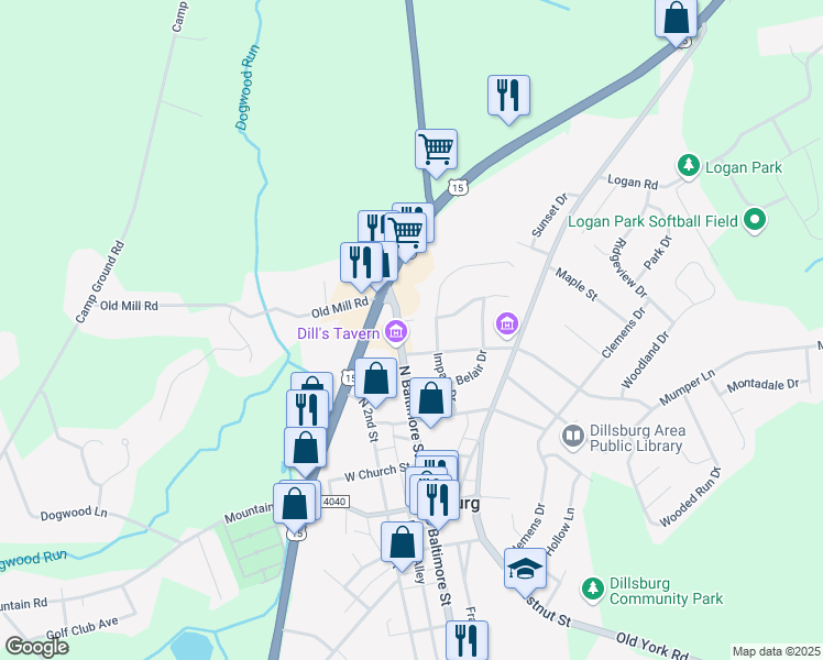 map of restaurants, bars, coffee shops, grocery stores, and more near 335 North Baltimore Street in Dillsburg