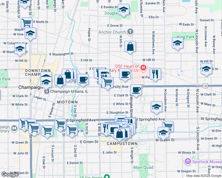 map of restaurants, bars, coffee shops, grocery stores, and more near 503 East University Avenue in Champaign