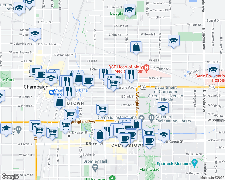 map of restaurants, bars, coffee shops, grocery stores, and more near 401 East University Avenue in Champaign