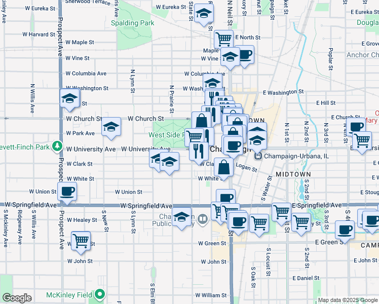 map of restaurants, bars, coffee shops, grocery stores, and more near 211 West University Avenue in Champaign