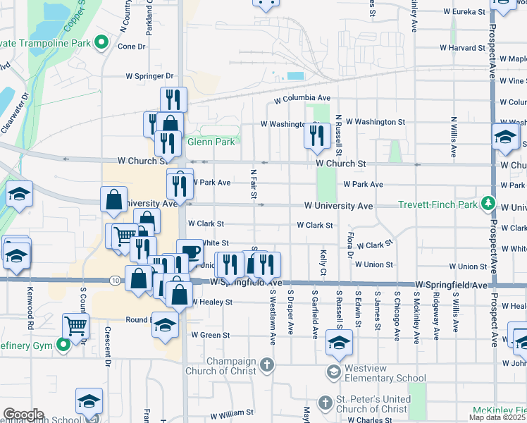 map of restaurants, bars, coffee shops, grocery stores, and more near 1519 West University Avenue in Champaign
