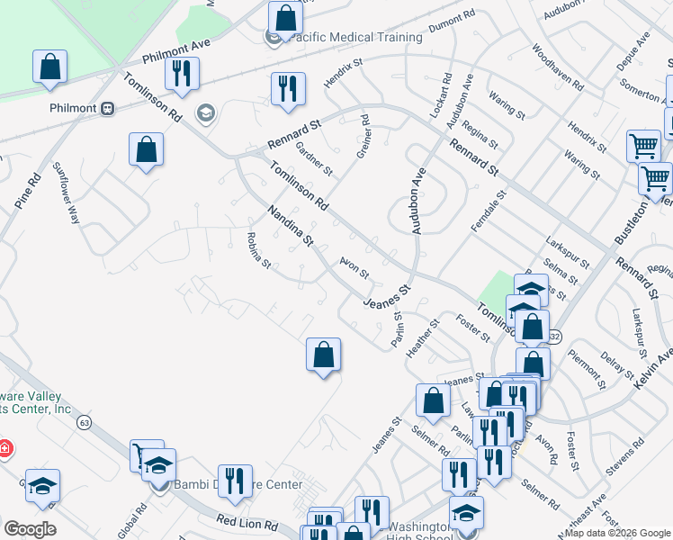 map of restaurants, bars, coffee shops, grocery stores, and more near 300 Avon Street in Philadelphia