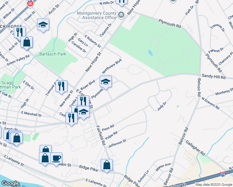 map of restaurants, bars, coffee shops, grocery stores, and more near 1503 Riverview Boulevard in Plymouth Meeting