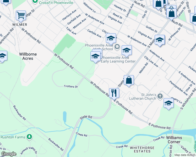 map of restaurants, bars, coffee shops, grocery stores, and more near 106 Hallowell Avenue in Phoenixville