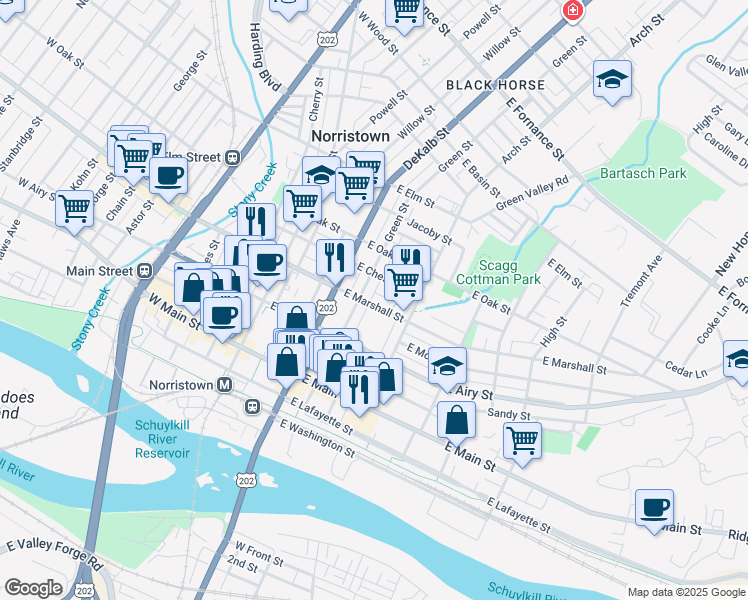 map of restaurants, bars, coffee shops, grocery stores, and more near 217 East Marshall Street in Norristown