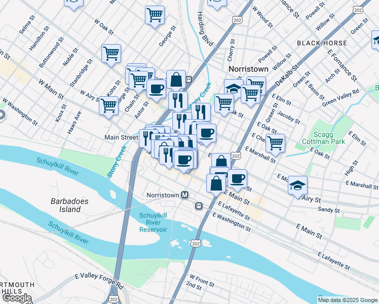map of restaurants, bars, coffee shops, grocery stores, and more near 425 Cherry Street in Norristown
