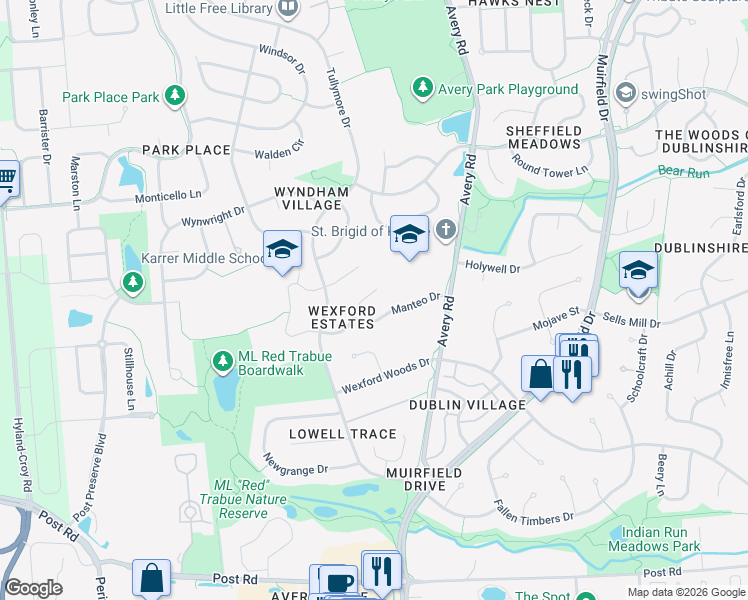 map of restaurants, bars, coffee shops, grocery stores, and more near 6321 Angeles Dr in Dublin