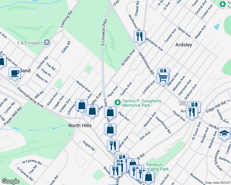 map of restaurants, bars, coffee shops, grocery stores, and more near 335 Penn Ave in Glenside