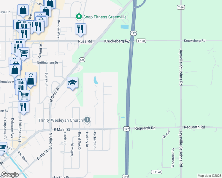 map of restaurants, bars, coffee shops, grocery stores, and more near 105 Bluestone Court in Greenville