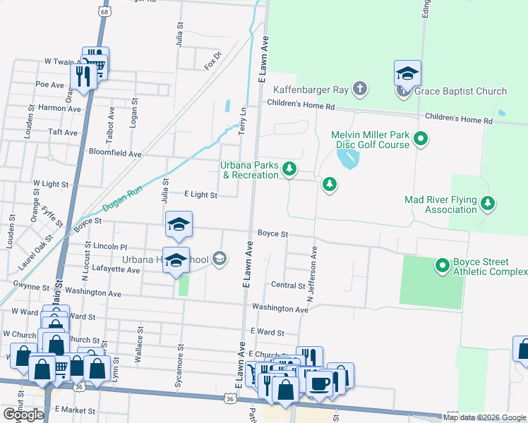map of restaurants, bars, coffee shops, grocery stores, and more near 731 East Lawn Avenue in Urbana