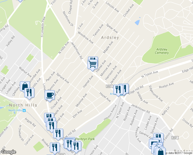 map of restaurants, bars, coffee shops, grocery stores, and more near 2756 Jenkintown Road in Glenside