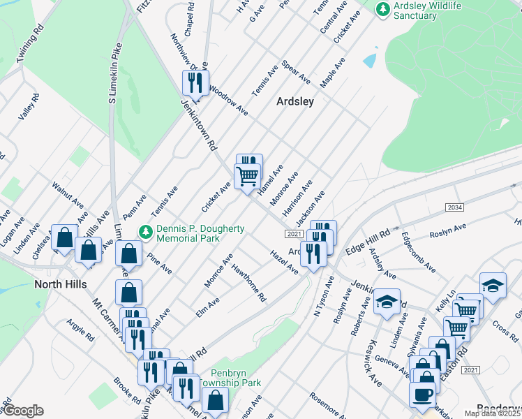 map of restaurants, bars, coffee shops, grocery stores, and more near 2754 Jenkintown Road in Glenside