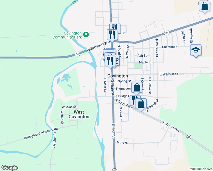 map of restaurants, bars, coffee shops, grocery stores, and more near 116 South Main Street in Covington