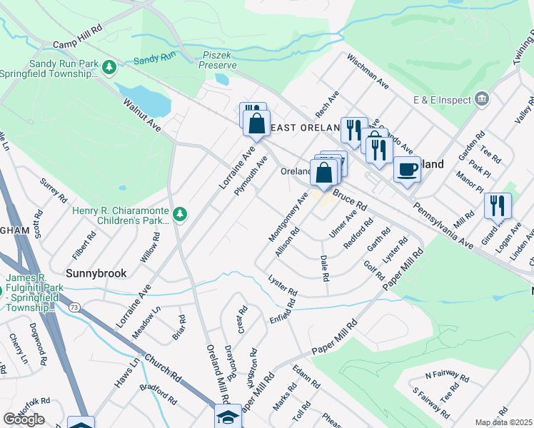 map of restaurants, bars, coffee shops, grocery stores, and more near 1430 Ulmer Avenue in Oreland