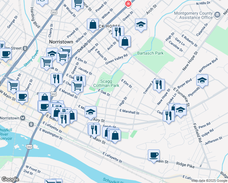 map of restaurants, bars, coffee shops, grocery stores, and more near 826 Violet Street in Norristown