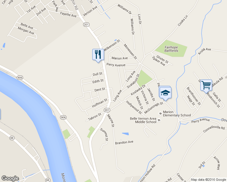 map of restaurants, bars, coffee shops, grocery stores, and more near 1345 Krett Way in Belle Vernon