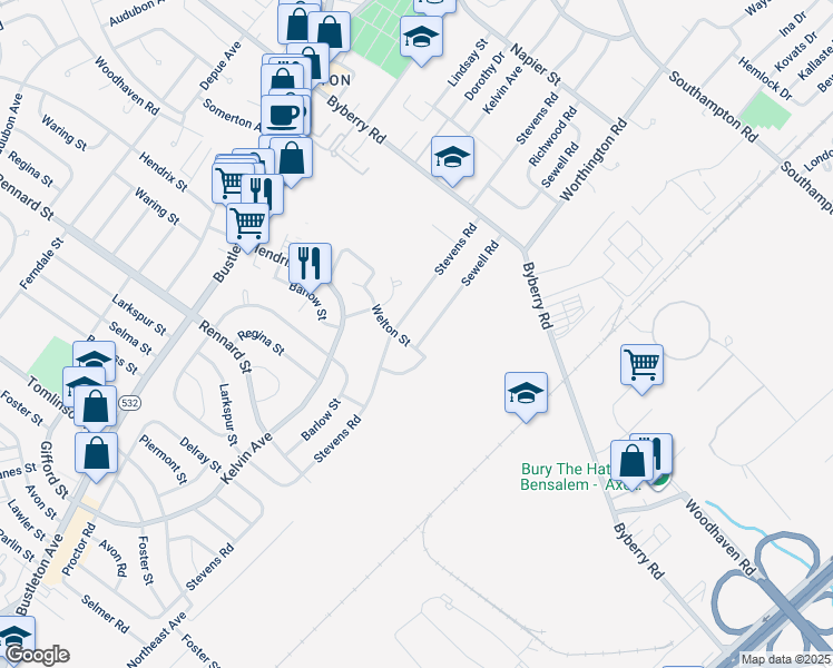 map of restaurants, bars, coffee shops, grocery stores, and more near 12002 Sewell Road in Philadelphia