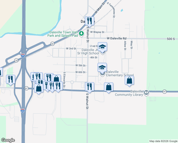 map of restaurants, bars, coffee shops, grocery stores, and more near 8516 South Walnut Street in Daleville