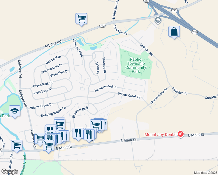 map of restaurants, bars, coffee shops, grocery stores, and more near 1330 Heatherwood Drive in Mount Joy