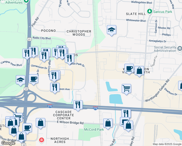 map of restaurants, bars, coffee shops, grocery stores, and more near 7450 Huntington Park Drive in Columbus