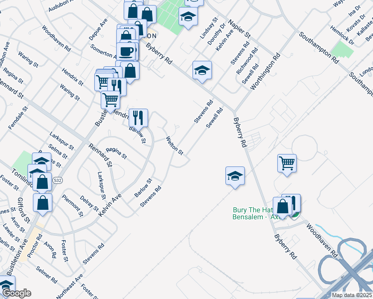 map of restaurants, bars, coffee shops, grocery stores, and more near 12002 Sewell Road in Philadelphia