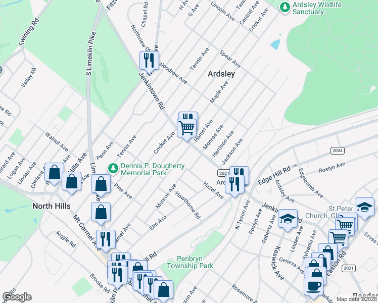 map of restaurants, bars, coffee shops, grocery stores, and more near 2756 Jenkintown Road in Glenside