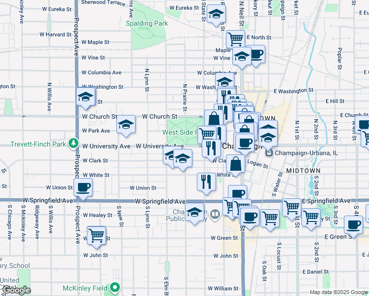 map of restaurants, bars, coffee shops, grocery stores, and more near 407 West University Avenue in Champaign