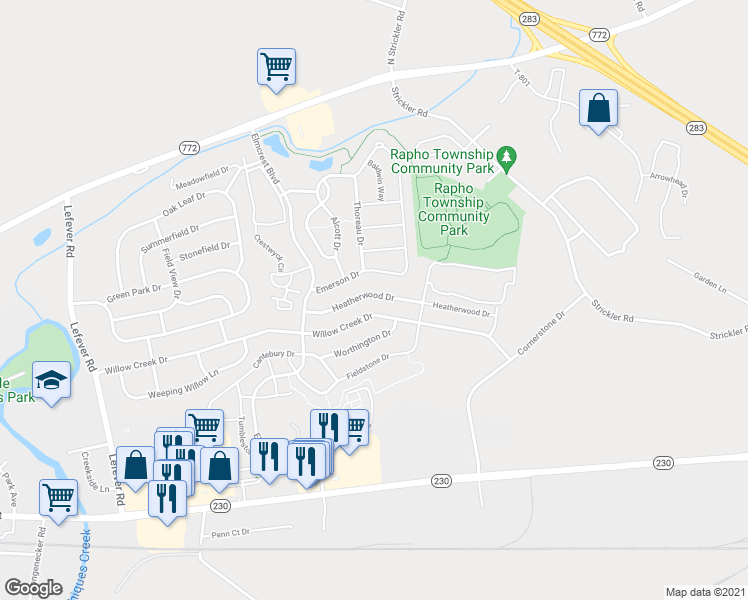 map of restaurants, bars, coffee shops, grocery stores, and more near 1330 Heatherwood Drive in Mount Joy
