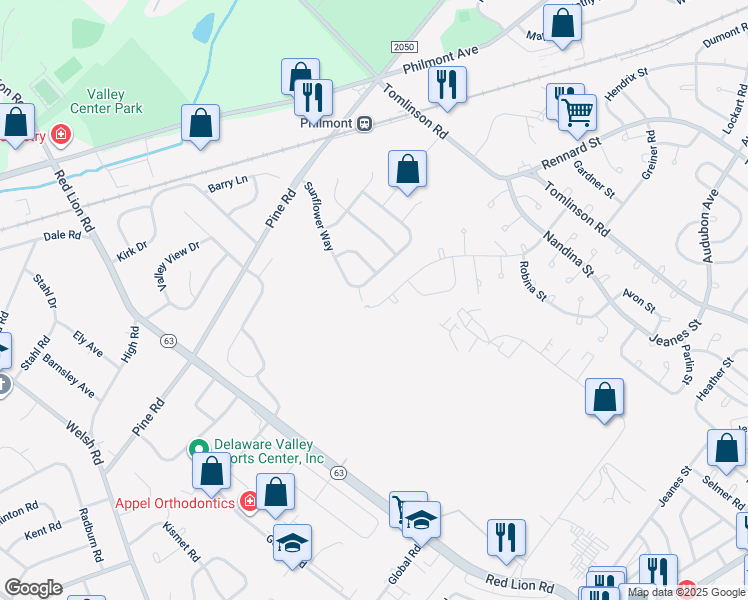 map of restaurants, bars, coffee shops, grocery stores, and more near 10604 Lockart Road in Philadelphia