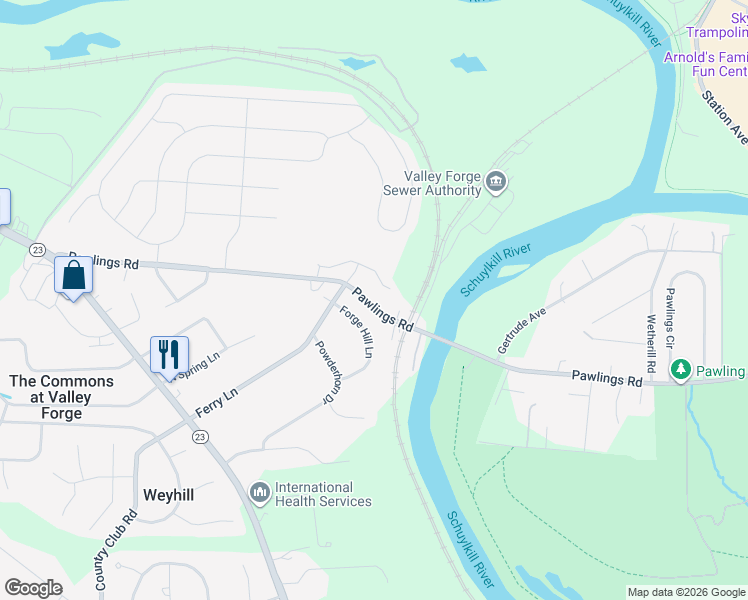 map of restaurants, bars, coffee shops, grocery stores, and more near 137 Forge Hill Lane in Phoenixville