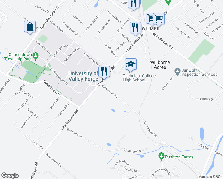 map of restaurants, bars, coffee shops, grocery stores, and more near 316 Buckwalter Road in Phoenixville