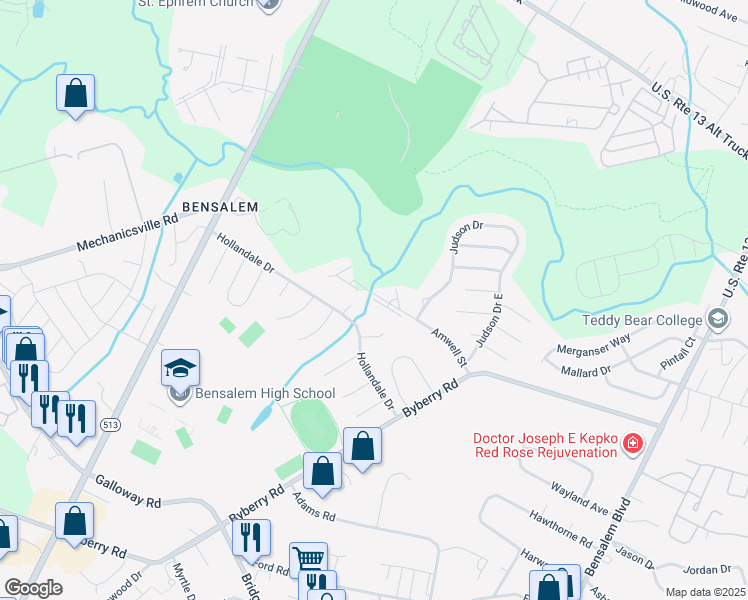 map of restaurants, bars, coffee shops, grocery stores, and more near 1638 Horace Court in Bensalem