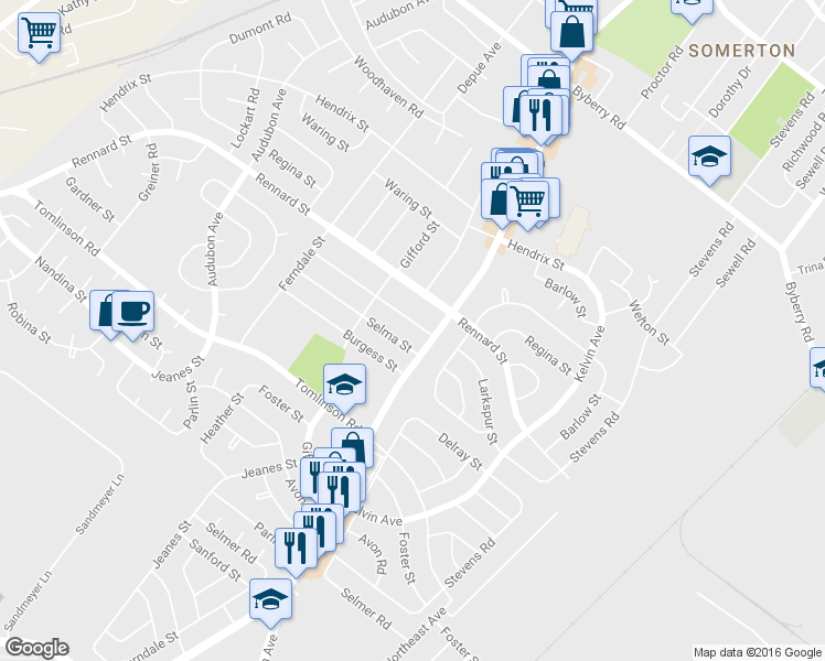 map of restaurants, bars, coffee shops, grocery stores, and more near 560 Larkspur Street in Philadelphia
