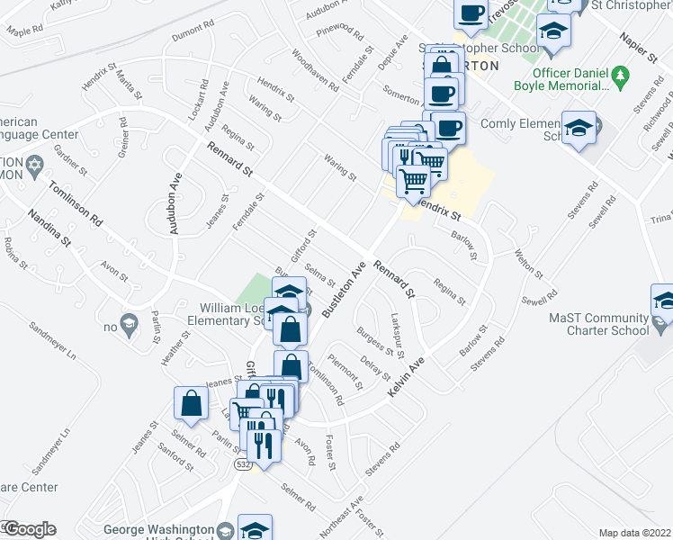map of restaurants, bars, coffee shops, grocery stores, and more near 560 Larkspur Street in Philadelphia