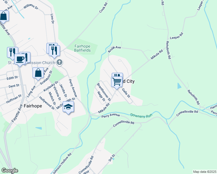 map of restaurants, bars, coffee shops, grocery stores, and more near 118 Branthoover Street in Belle Vernon