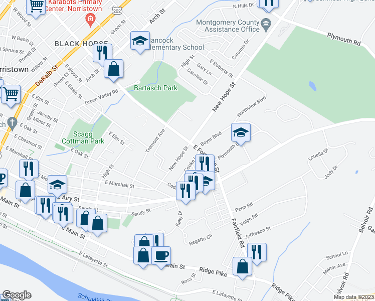 map of restaurants, bars, coffee shops, grocery stores, and more near 1008 New Hope Street in Norristown
