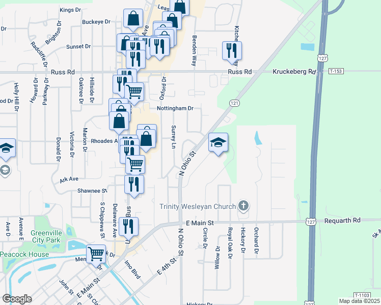 map of restaurants, bars, coffee shops, grocery stores, and more near 1096 Ohio 121 in Greenville