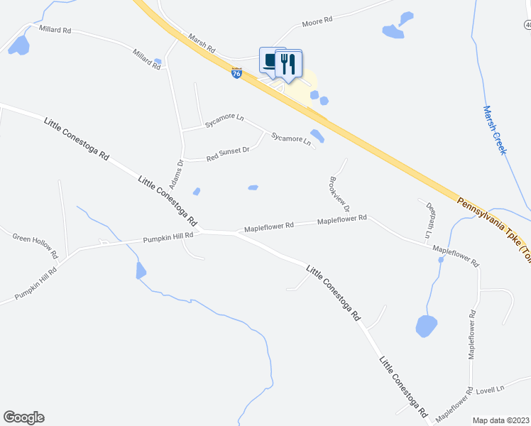 map of restaurants, bars, coffee shops, grocery stores, and more near 260 Mapleflower Road in Glenmoore